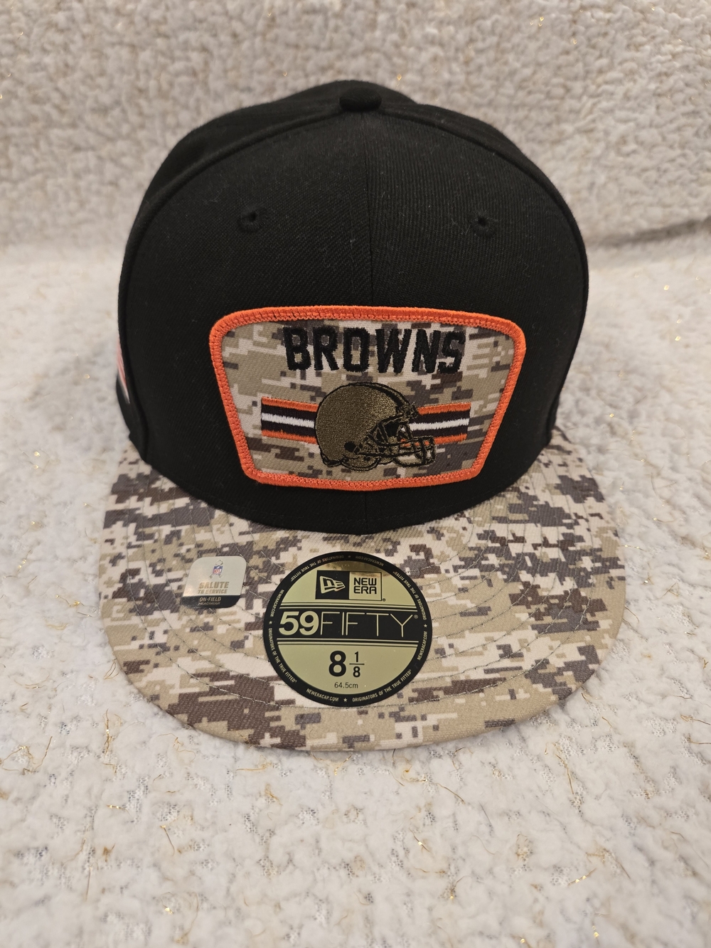 New Era Fitted Browns Cap ~ Black With Tan Camo Brim and Orange Trim Patch